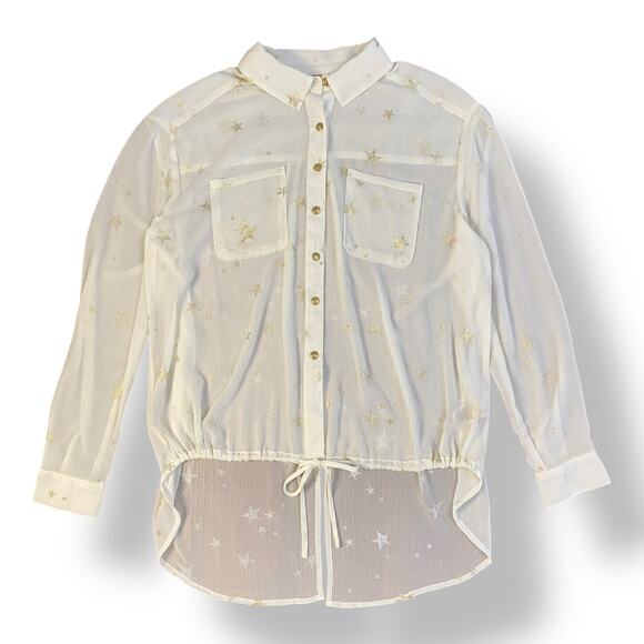 Free People White Semi Sheer Gold Stars Button up Top Size Small Boho - Picture 1 of 7